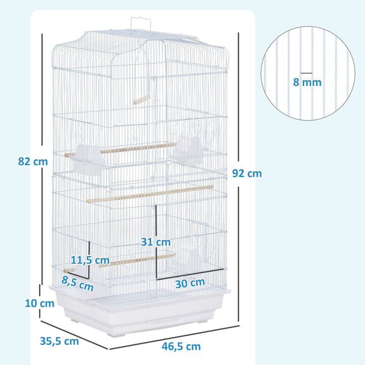 Gaiola para Passáros Gaiola de Metal com Portas 4 Comedouros 3 Poleiros Baloiço Bandeja Removível e Alça de Transporte para Papagaio Canário Periquito 46,5x35,5x92cm Branco