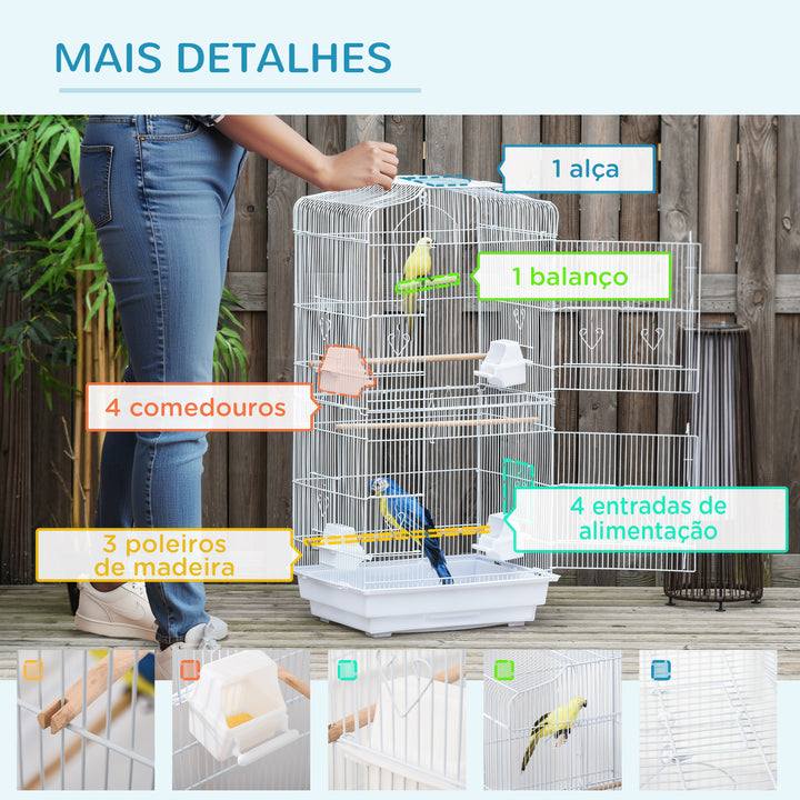 Gaiola para Passáros Gaiola de Metal com Portas 4 Comedouros 3 Poleiros Baloiço Bandeja Removível e Alça de Transporte para Papagaio Canário Periquito 46,5x35,5x92cm Branco