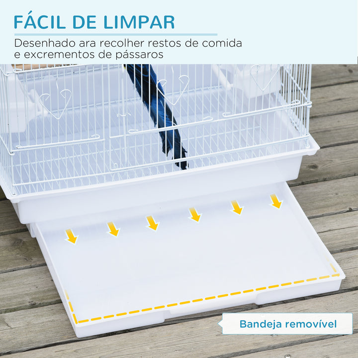 Gaiola para Passáros Gaiola de Metal com Portas 4 Comedouros 3 Poleiros Baloiço Bandeja Removível e Alça de Transporte para Papagaio Canário Periquito 46,5x35,5x92cm Branco