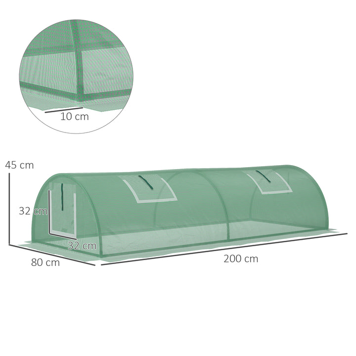 Estufa de Exterior, 200x80x45 cm Estufa de Jardim com 4 Janelas de Rede Enroláveis Estrutura em Aço e Cobertura de PE 140g/m² Anti-UV para Cultivo de Plantas e Flores Verde