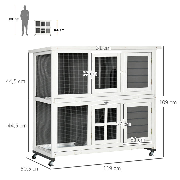 Coelheira de Madeira de 2 Níveis Gaiola para Coelhos com Rodas 2 Portas Teto Abatível e 2 Bandejas Amovíveis Coelheira para Interior e Exterior 119x50,5x109 cm Branco e Cinza