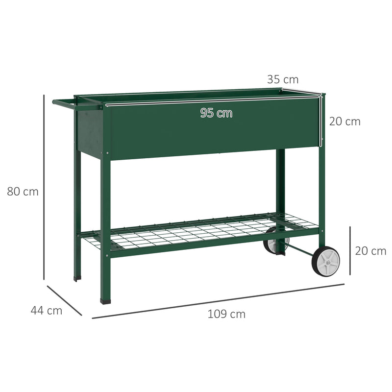 Horta Vertical Elevada de Metal Horta Vertical com Rodas Alça Lateral e Prateleira Inferior para Cultivo de Plantas Flores 109x44x80 cm Verde