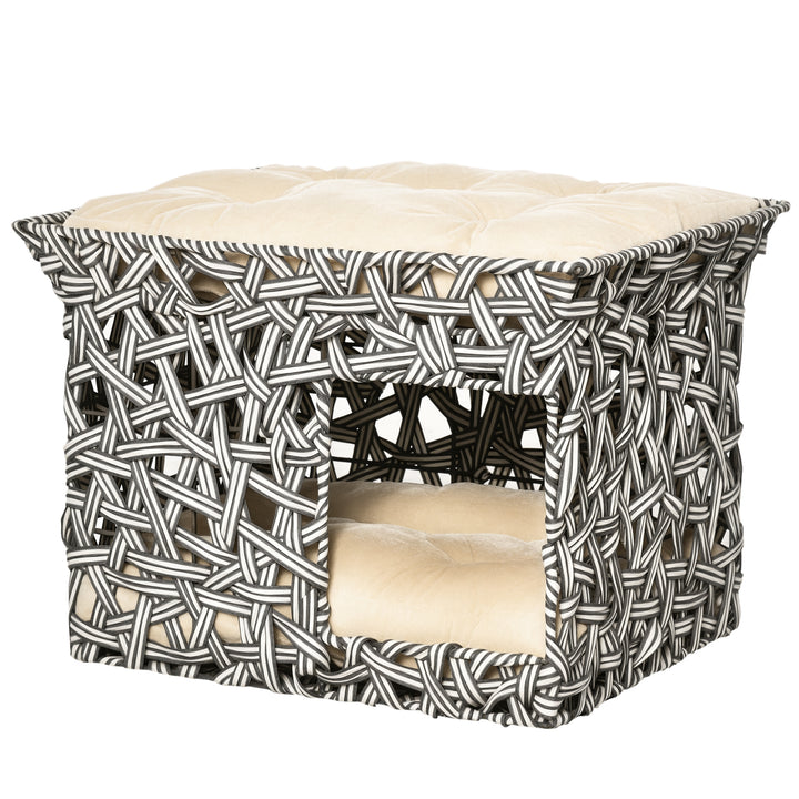 Cesta de Vime para Gatos de 2 Níveis Cama Caverna de Gatos com 2 Almofadas Suaves Estrutura de Metal 51x42x37cm Cinza e Bege