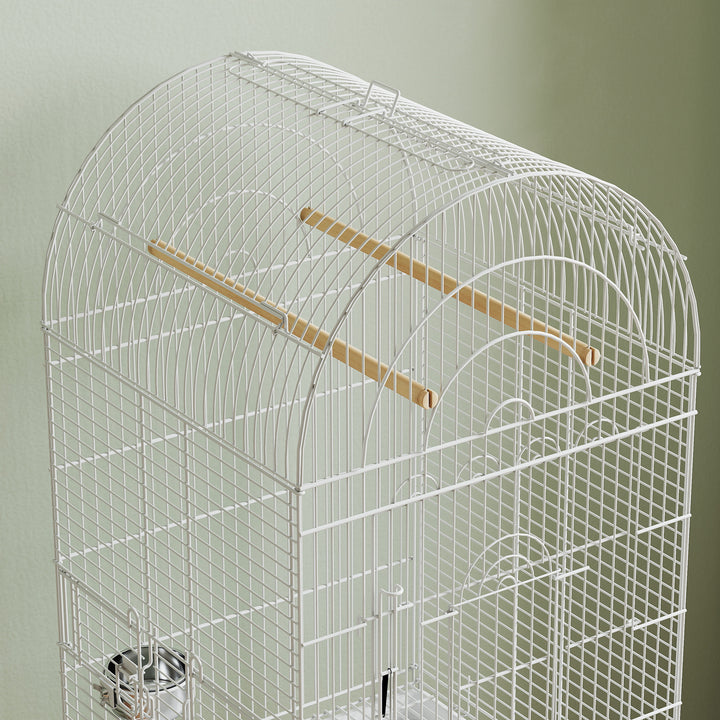 Gaiola para Pássaros com Rodas e Estante 51x51x153 cm Gaiola Grande com Parte Superior Rebatível 2 Comedouros 2 Poleiros 4 Portas e Bandeja Removível para Papagaios e Canários Branco