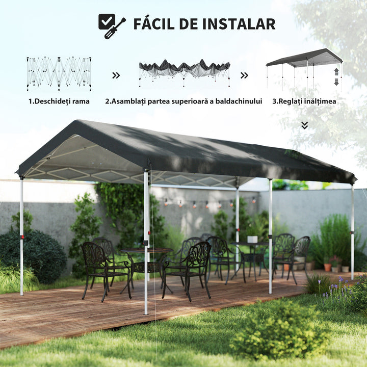 Tenda Dobrável 584x297,5x272 cm Tenda de Jardim com Altura Ajustável em 3 Níveis Proteção UV50+ Impermeável e Bolsa de Transporte Tenda para Exterior Festas Campismo Cinzento Escuro