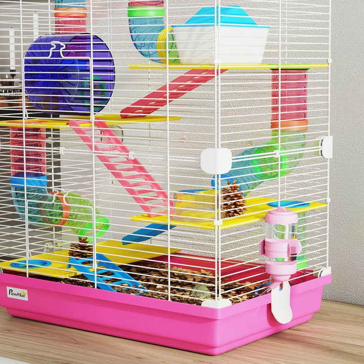 Jaula para Hamster de 5 Níveis, Casa para Roedores Pequenos com Túnel, Plataformas, Tigela, Bebedouro, Casinha, Rampas e Roda de Exercício, para Gerbos, 46x30x58 cm, Rosa