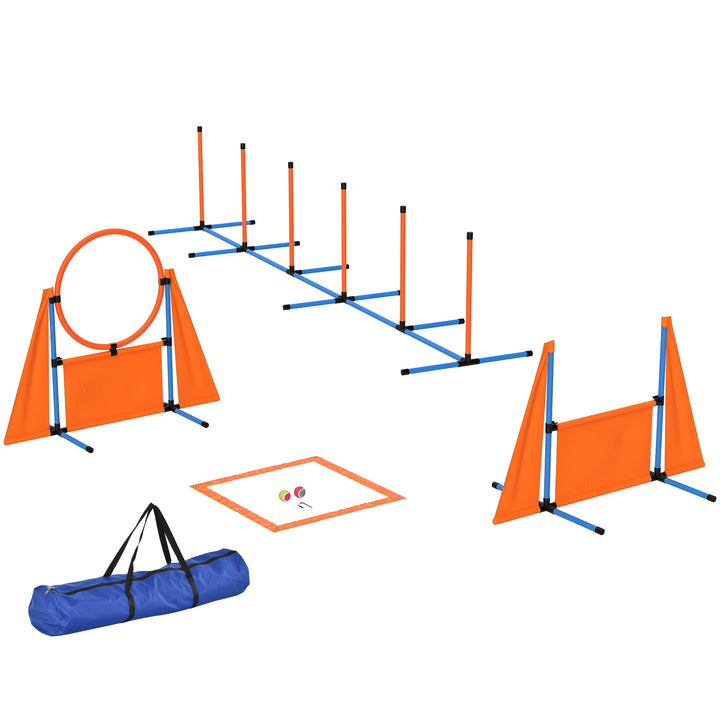Conjunto de Treino de Agilidade para Cães de 6 Peças Conjunto Agility para Cães com Piquetes para Slalom Zona de Descanso Barreira Anel de Salto e Bolas Laranja