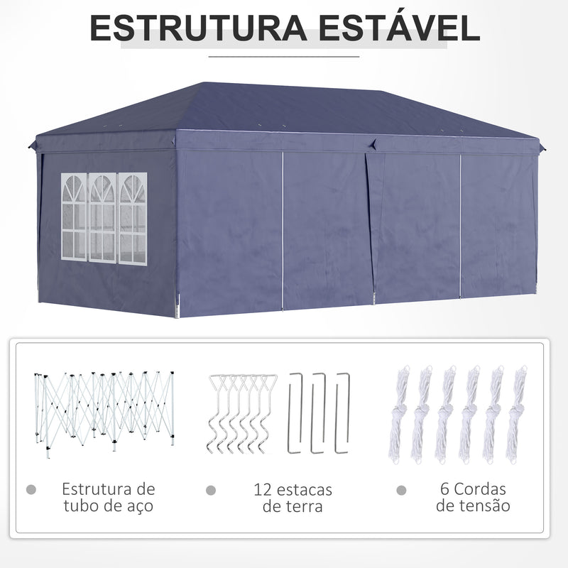 Tenda para Festas 585x295x270 cm com Paredes Laterais Amovíveis Tenda Dobrável com 2 Portas com Fecho de Correr 4 Janelas e Bolsa de Transporte Azul