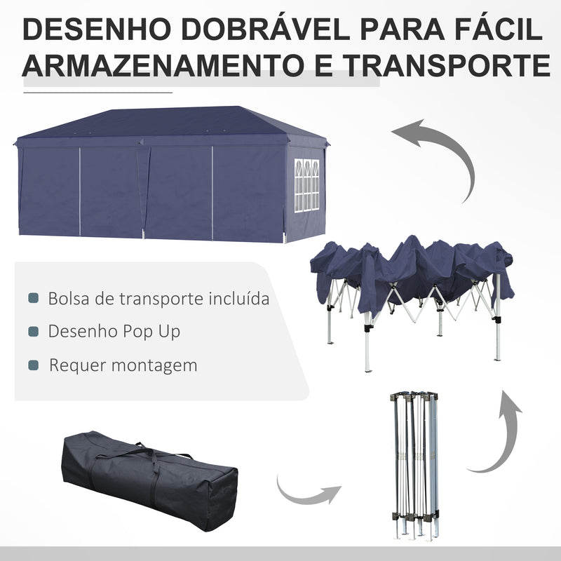 Tenda para Festas 585x295x270 cm com Paredes Laterais Amovíveis Tenda Dobrável com 2 Portas com Fecho de Correr 4 Janelas e Bolsa de Transporte Azul