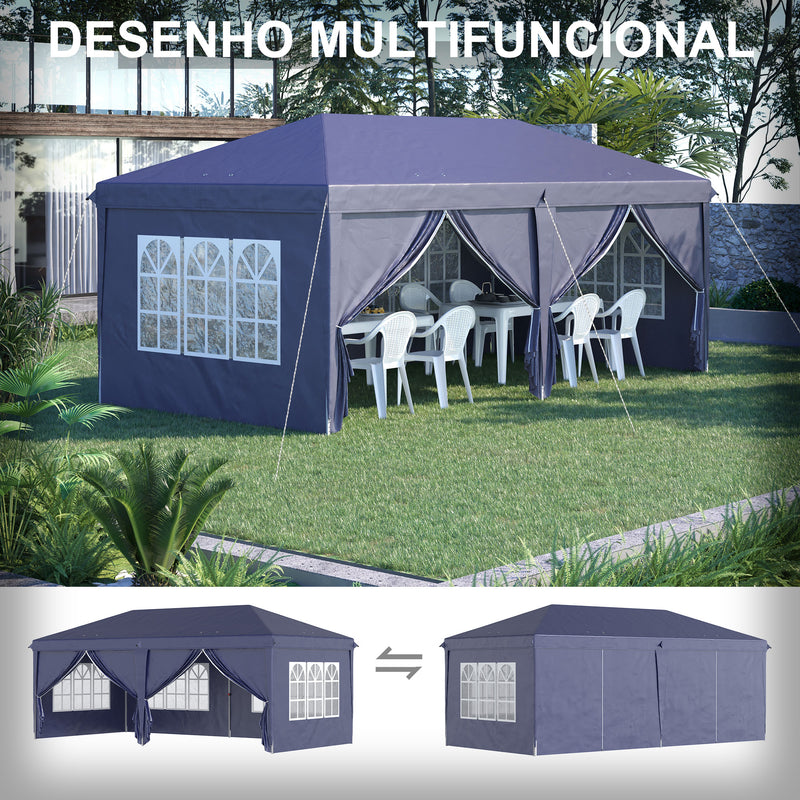 Tenda para Festas 585x295x270 cm com Paredes Laterais Amovíveis Tenda Dobrável com 2 Portas com Fecho de Correr 4 Janelas e Bolsa de Transporte Azul