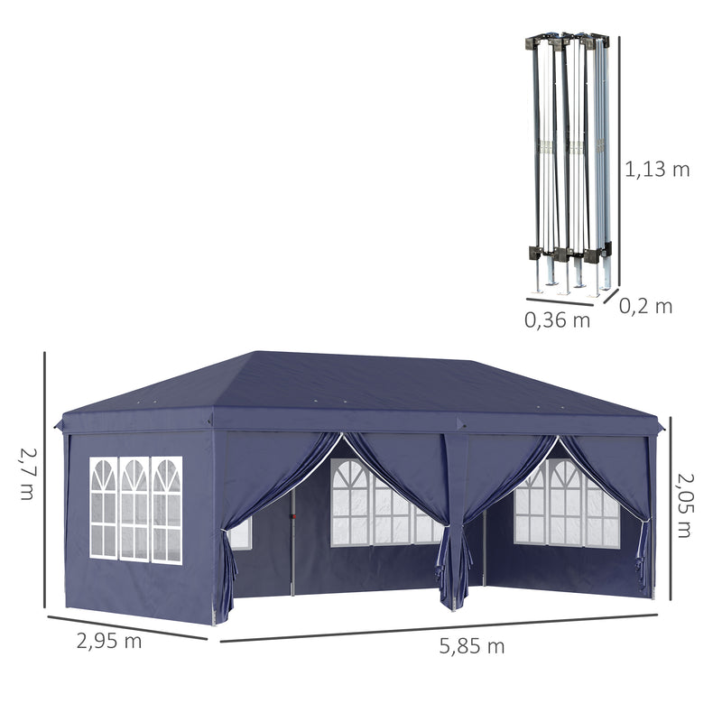 Tenda para Festas 585x295x270 cm com Paredes Laterais Amovíveis Tenda Dobrável com 2 Portas com Fecho de Correr 4 Janelas e Bolsa de Transporte Azul