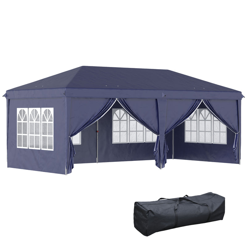 Tenda para Festas 585x295x270 cm com Paredes Laterais Amovíveis Tenda Dobrável com 2 Portas com Fecho de Correr 4 Janelas e Bolsa de Transporte Azul