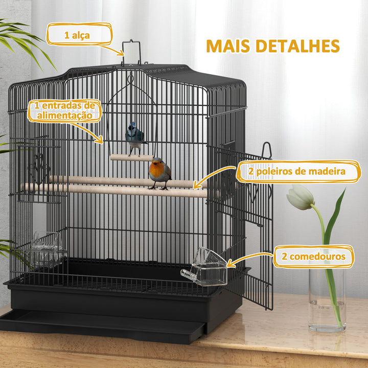 Gaiola para Pássaros 46,5x36x59 cm Gaiola de Metal para Pássaros com Portas 2 Comedouros 2 Poleiros Baloiço Bandeja Amovível e Pega de Transporte para Canário Periquito Preto