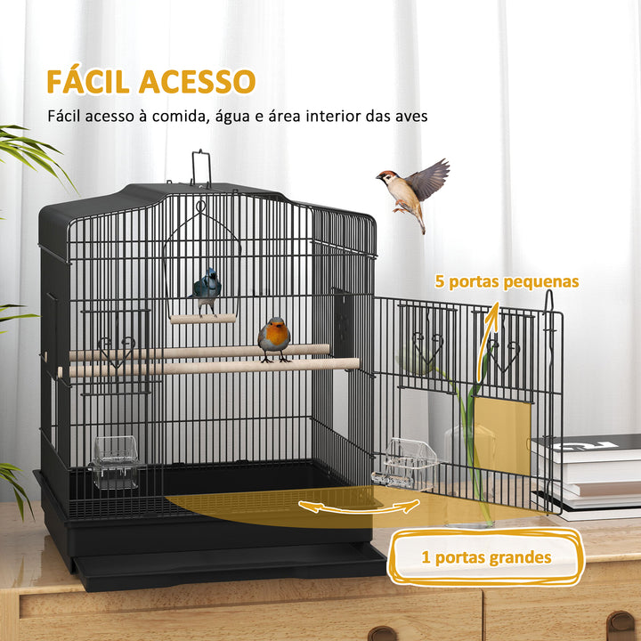 Gaiola para Pássaros 46,5x36x59 cm Gaiola de Metal para Pássaros com Portas 2 Comedouros 2 Poleiros Baloiço Bandeja Amovível e Pega de Transporte para Canário Periquito Preto