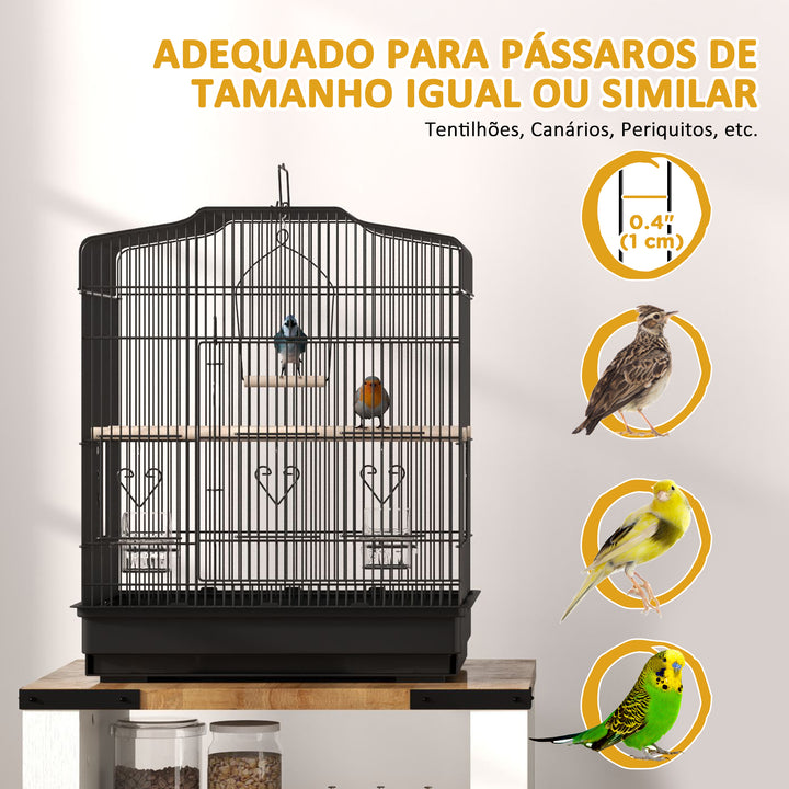 Gaiola para Pássaros 46,5x36x59 cm Gaiola de Metal para Pássaros com Portas 2 Comedouros 2 Poleiros Baloiço Bandeja Amovível e Pega de Transporte para Canário Periquito Preto