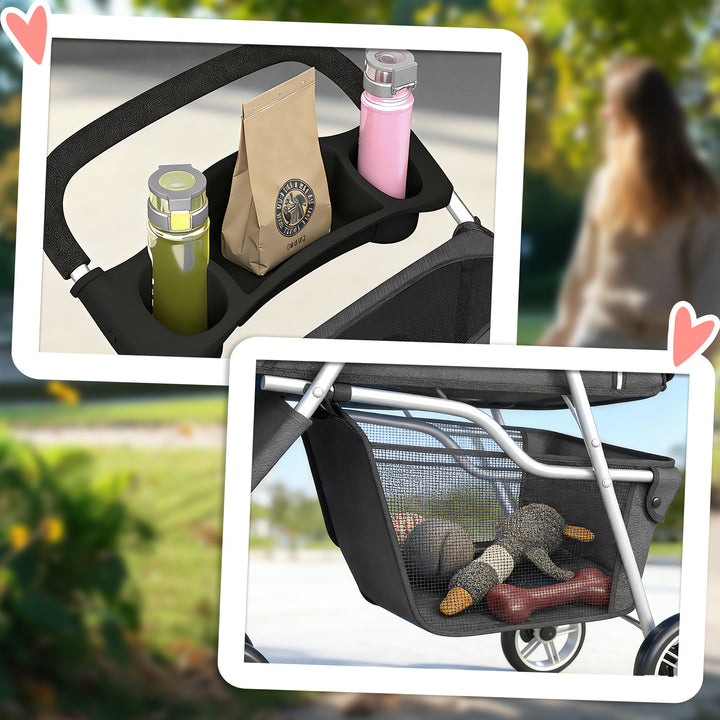 Carrinho para Cães Dobrável Carrinho para Cães Pequenos com Cesto de Arrumação Janelas em Rede Porta-Copos e Rodas Suporta 10 kg 77x44x102 cm Cinzento Escuro