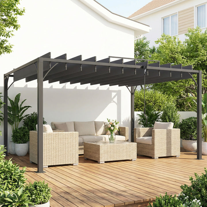 Pérgola 390x295x213 cm para Jardim com Desenho de Lâminas Superiores Giratórias até 135° Proteção UV 50+ e Estrutura de Aço para Pátio Terraço Varanda Cinza