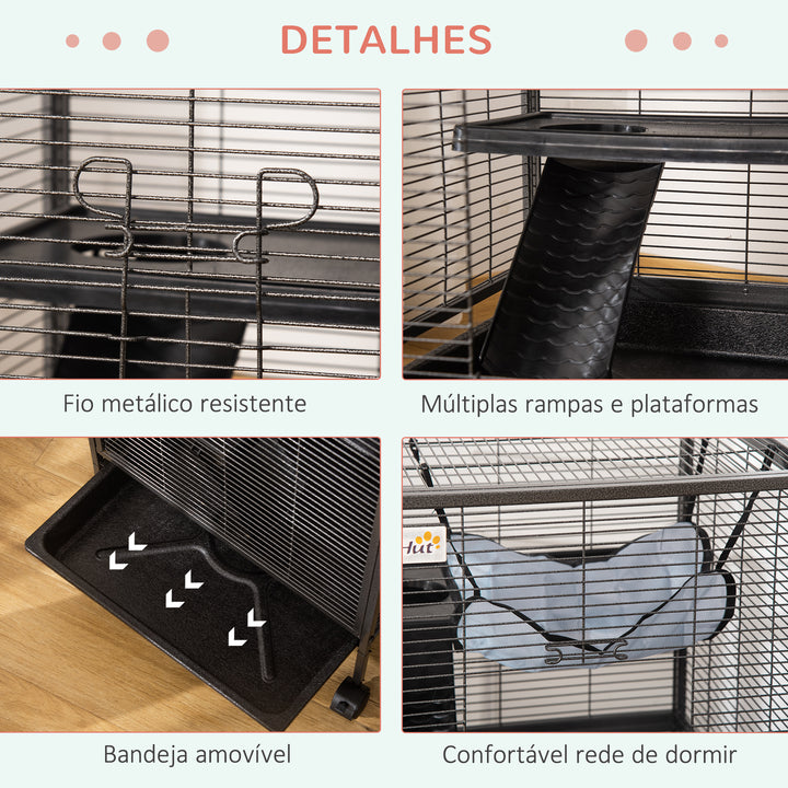 Gaiola para Roedores 52x52x113,5cm Gaiola para Furões com Rodas 2 Portas 3 Rampas Rede Suspensa e Bandeja Removível para Cobias Hamsters Cinza Prata