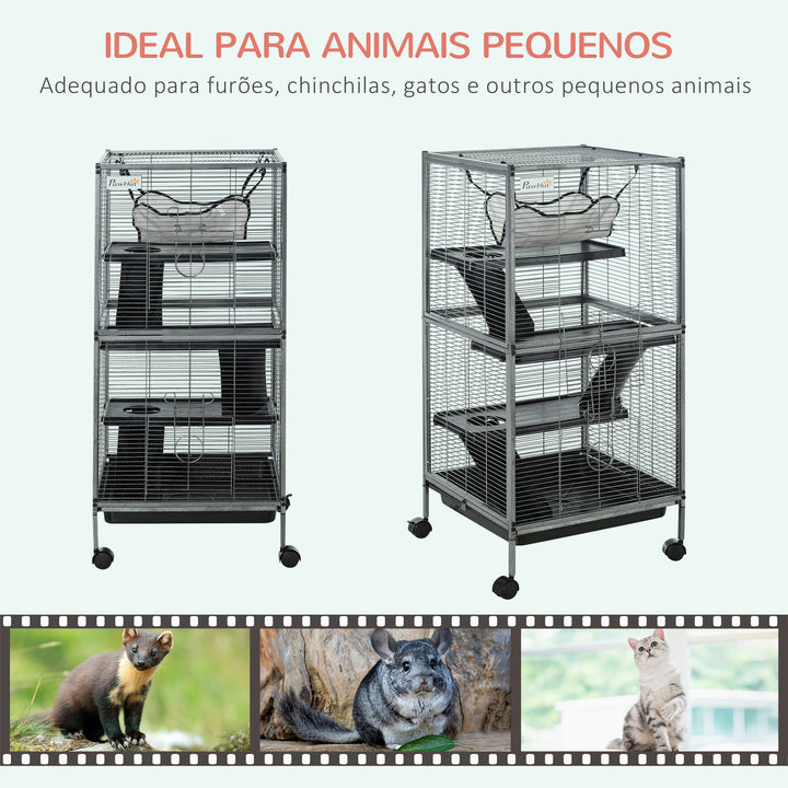 Gaiola para Roedores 52x52x113,5cm Gaiola para Furões com Rodas 2 Portas 3 Rampas Rede Suspensa e Bandeja Removível para Cobias Hamsters Cinza Prata