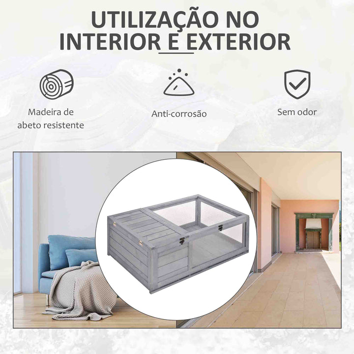 Casa para Tartarugas de Madeira Terrario para Reptéis com Teto de Malha Painéis Laterais Transparentes e Trava de Segurança 91x60,5x32 cm Cinza