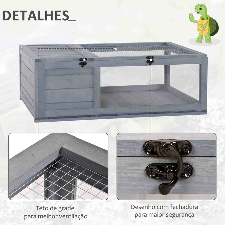 Casa para Tartarugas de Madeira Terrario para Reptéis com Teto de Malha Painéis Laterais Transparentes e Trava de Segurança 91x60,5x32 cm Cinza