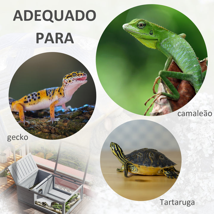 Casa para Tartarugas de Madeira Terrario para Reptéis com Teto de Malha Painéis Laterais Transparentes e Trava de Segurança 91x60,5x32 cm Cinza