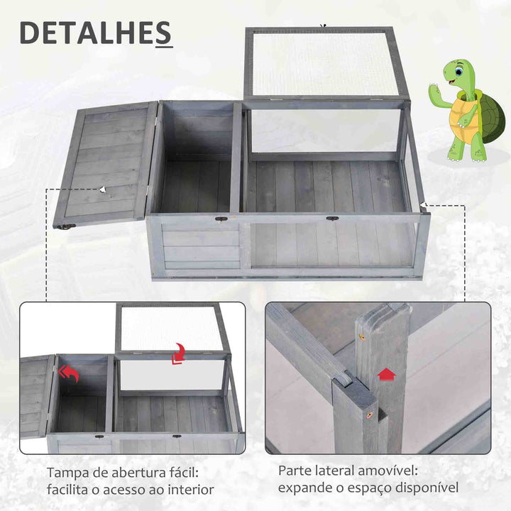 Casa para Tartarugas de Madeira Terrario para Reptéis com Teto de Malha Painéis Laterais Transparentes e Trava de Segurança 91x60,5x32 cm Cinza