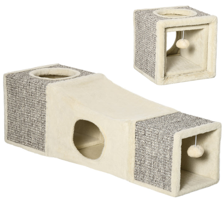 Túnel para Gatos com Bola Supensa Túnel para Gatos Dobrável com Múltiplas Entradas Caverna de Sisal 98x30x30 cm Creme e Cinza