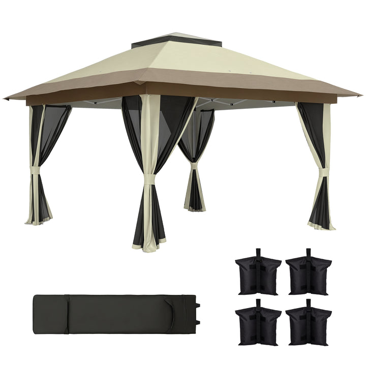 Pérgola Dobrável 356x356x280 cm Pérgola Dobrável com 4 Paredes Laterais de Malha Anti-UV Altura Ajustável Bolsa de Areia e Bolsa de Transporte para Campismo Festas Bege e Marrom