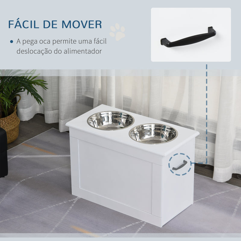 Comedouro Elevado para Cães Comedouro para Cães com 2 Tigelas de Aço Inoxidável e Espaço de Armazenamento Oculto 60x30x41 cm Branco