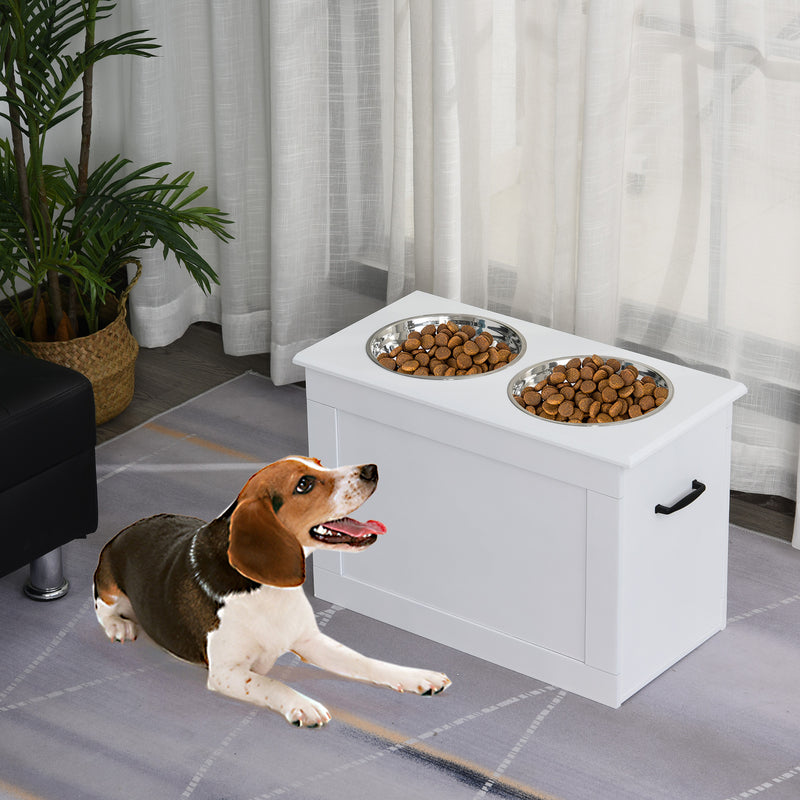 Comedouro Elevado para Cães Comedouro para Cães com 2 Tigelas de Aço Inoxidável e Espaço de Armazenamento Oculto 60x30x41 cm Branco