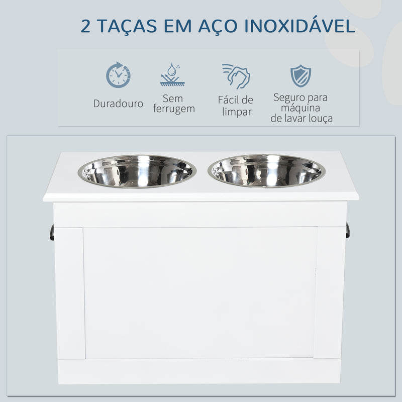 Comedouro Elevado para Cães Comedouro para Cães com 2 Tigelas de Aço Inoxidável e Espaço de Armazenamento Oculto 60x30x41 cm Branco