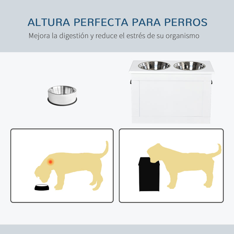 Comedouro Elevado para Cães Comedouro para Cães com 2 Tigelas de Aço Inoxidável e Espaço de Armazenamento Oculto 60x30x41 cm Branco