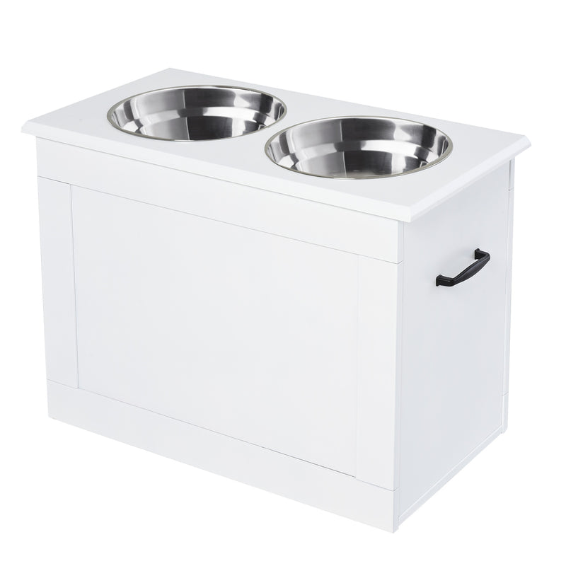 Comedouro Elevado para Cães Comedouro para Cães com 2 Tigelas de Aço Inoxidável e Espaço de Armazenamento Oculto 60x30x41 cm Branco