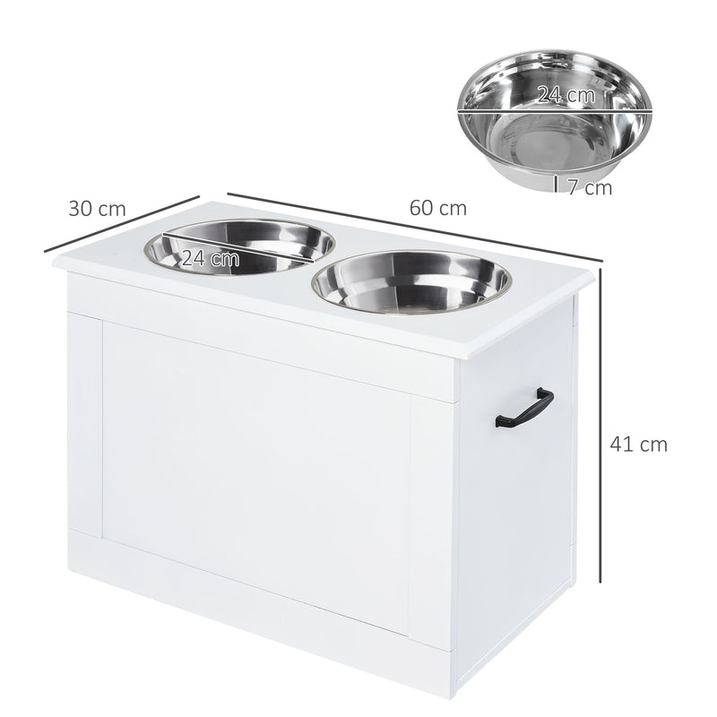 Comedouro Elevado para Cães Comedouro para Cães com 2 Tigelas de Aço Inoxidável e Espaço de Armazenamento Oculto 60x30x41 cm Branco