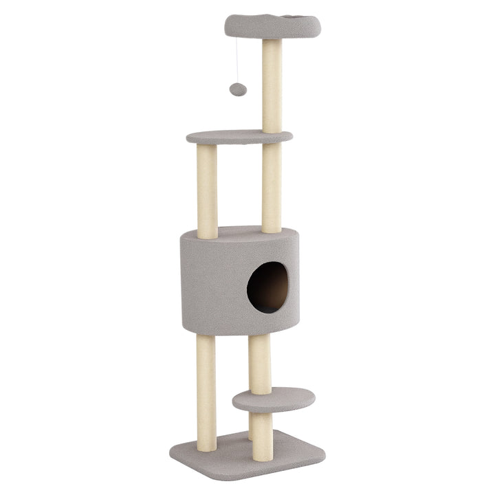 Arranhador para Gatos Altura 148 cm Arranhador para Gatos com Postes de Sisal 3 Plataformas Casa e Bola Suspensa Cinza