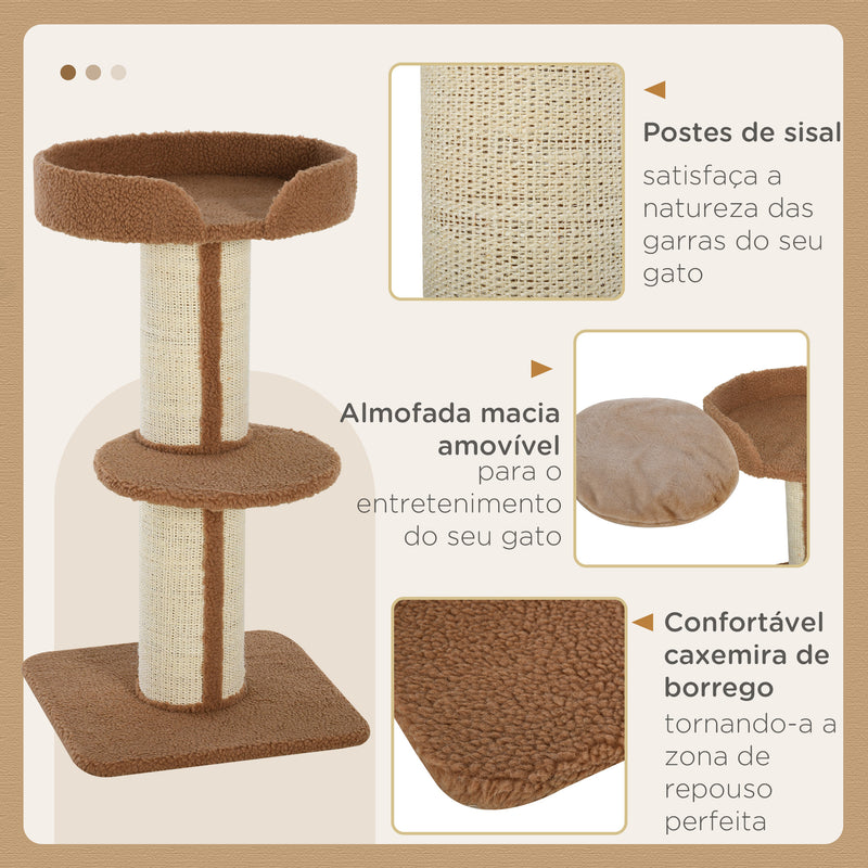 Arranhador para Gatos Altura 91 cm Arranhador para Gatos de 3 Níveis com Ninho Plataforma e Poste de Sisal 45x45x91 cm Marrom Claro