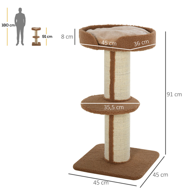 Arranhador para Gatos Altura 91 cm Arranhador para Gatos de 3 Níveis com Ninho Plataforma e Poste de Sisal 45x45x91 cm Marrom Claro