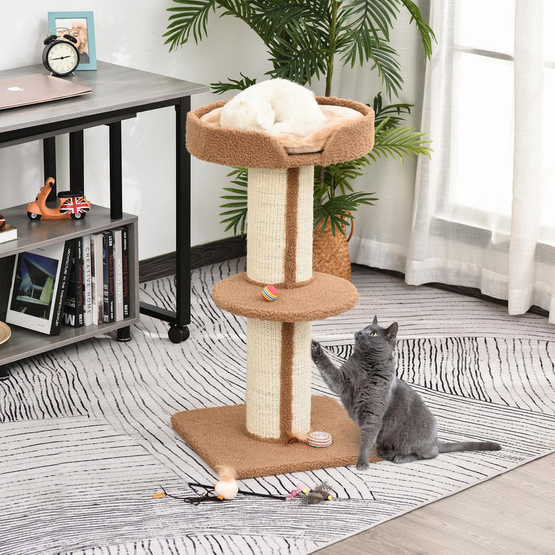 Arranhador para Gatos Altura 91 cm Arranhador para Gatos de 3 Níveis com Ninho Plataforma e Poste de Sisal 45x45x91 cm Marrom Claro