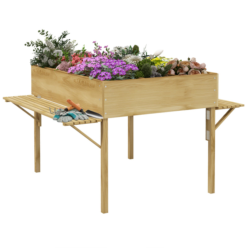 Horta Elevada de Madeira Horta Urbana Mesa de Cultivo 122x91,5x89 cm com 2 Prateleiras Dobráveis e Tecido Não Tecido para Cultivo Plantas Flores Vegetais Natural