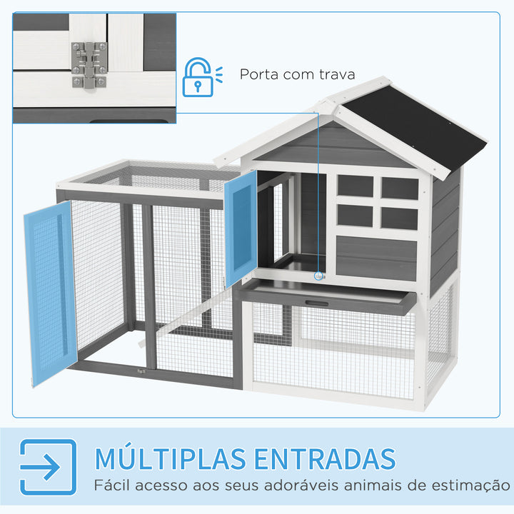 Coelheira de Madeira Exterior de 2 Níveis Gaiola para Coelhos Animais Pequenos com Zona Aberta Teto Asfáltico Bandeja Removível e Rampa 122x62,6x92 cm Cinzento