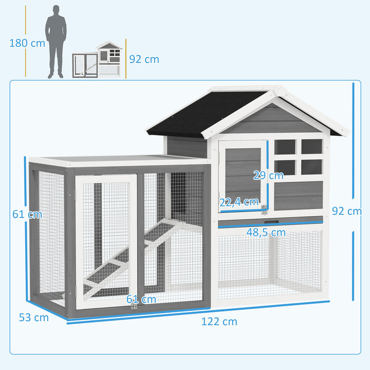 Coelheira de Madeira Exterior de 2 Níveis Gaiola para Coelhos Animais Pequenos com Zona Aberta Teto Asfáltico Bandeja Removível e Rampa 122x62,6x92 cm Cinzento
