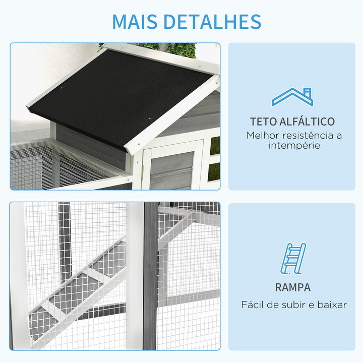 Coelheira de Madeira Exterior de 2 Níveis Gaiola para Coelhos Animais Pequenos com Zona Aberta Teto Asfáltico Bandeja Removível e Rampa 122x62,6x92 cm Cinzento