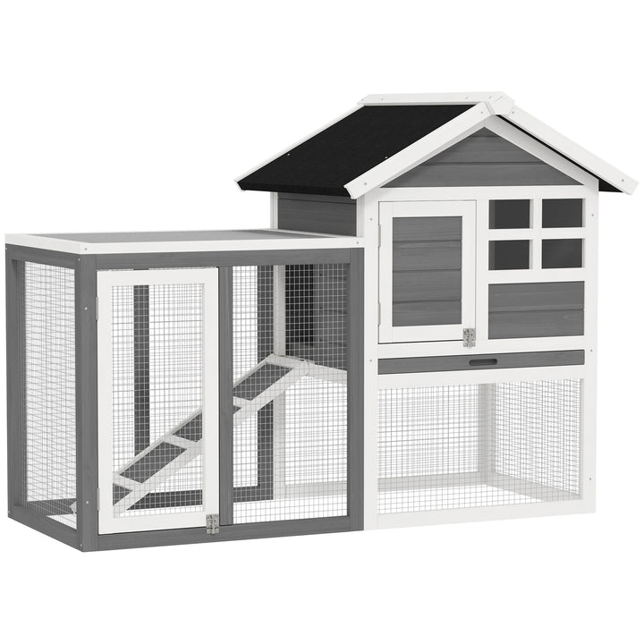 Coelheira de Madeira Exterior de 2 Níveis Gaiola para Coelhos Animais Pequenos com Zona Aberta Teto Asfáltico Bandeja Removível e Rampa 122x62,6x92 cm Cinzento
