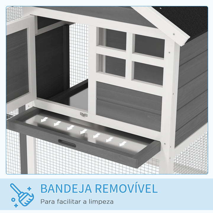 Coelheira de Madeira Exterior de 2 Níveis Gaiola para Coelhos Animais Pequenos com Zona Aberta Teto Asfáltico Bandeja Removível e Rampa 122x62,6x92 cm Cinzento
