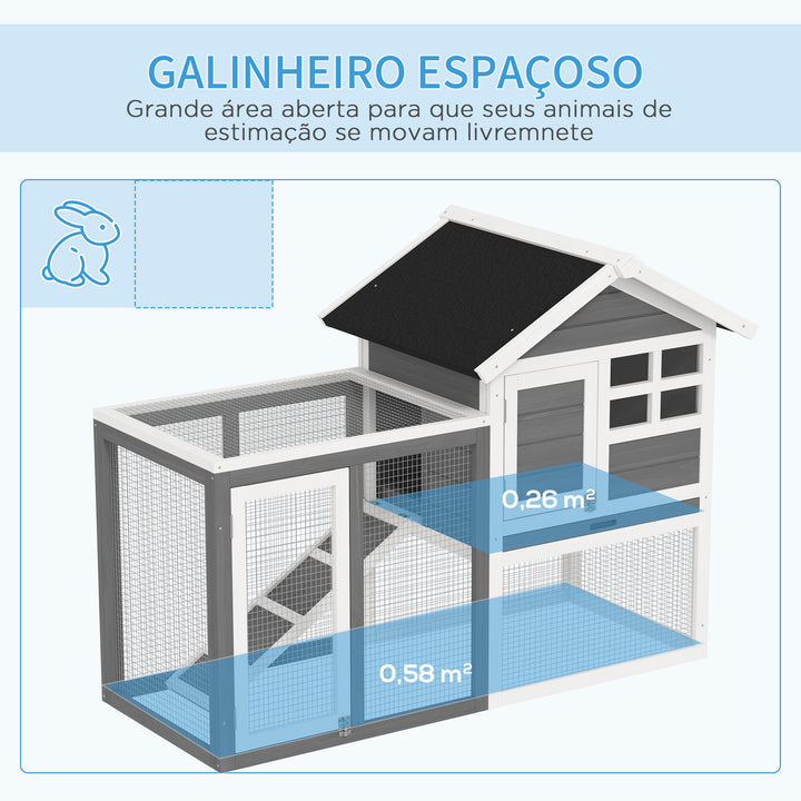 Coelheira de Madeira Exterior de 2 Níveis Gaiola para Coelhos Animais Pequenos com Zona Aberta Teto Asfáltico Bandeja Removível e Rampa 122x62,6x92 cm Cinzento