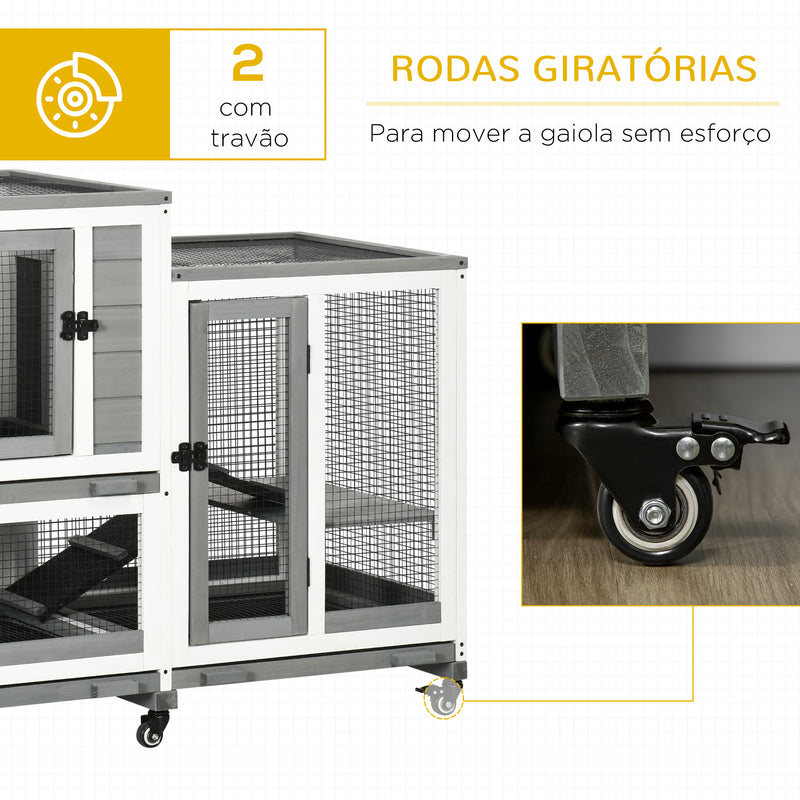 Coelheira de Madeira para Interior Gaiola para Coelhos e Animais Pequenos de 2 Níveis com 6 Rodas 2 Escadas 3 Bandejas Amovíveis e Área Aberta 110x50x86 cm Cinza