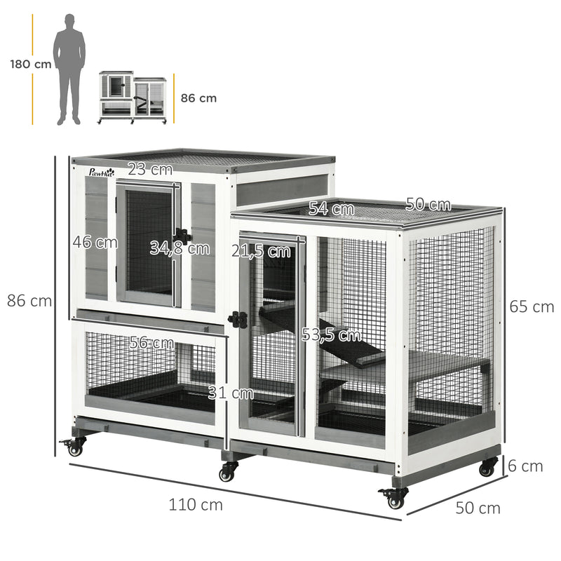 Coelheira de Madeira para Interior Gaiola para Coelhos e Animais Pequenos de 2 Níveis com 6 Rodas 2 Escadas 3 Bandejas Amovíveis e Área Aberta 110x50x86 cm Cinza