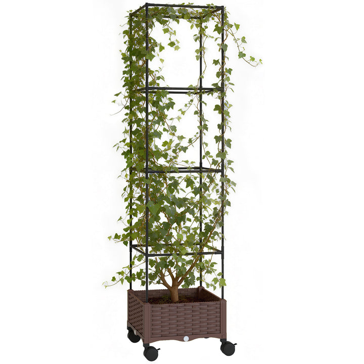 Floreira com Treliça Ajustável Floreira Exterior com Rodas Bloqueáveis para Plantas Trepadeiras com Orifícios de Drenagem Floreira Elevada para Jardim Pátio Terraço 40x40x165 cm Castanho