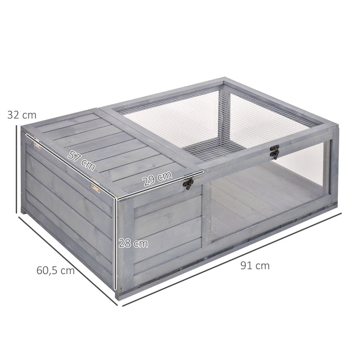 Casa para Tartarugas de Madeira Terrario para Reptéis com Teto de Malha Painéis Laterais Transparentes e Trava de Segurança 91x60,5x32 cm Cinza